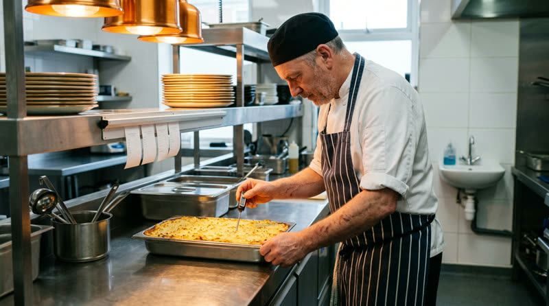 A chef probes a tray of cottage pie on the pass under the heat lamps