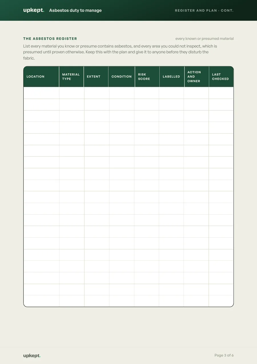 A page from Asbestos duty to manage: register and management plan