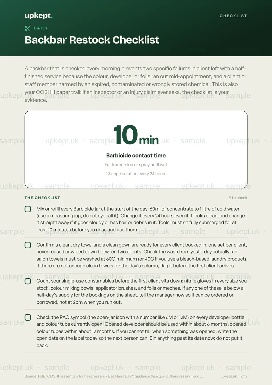 Sample page of the Backbar Restock Checklist