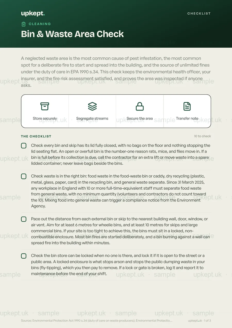 Sample page of the Bin & Waste Area Check