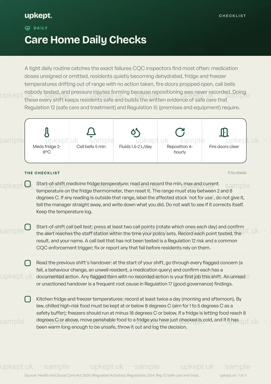 Sample page of the Care Home Daily Checks