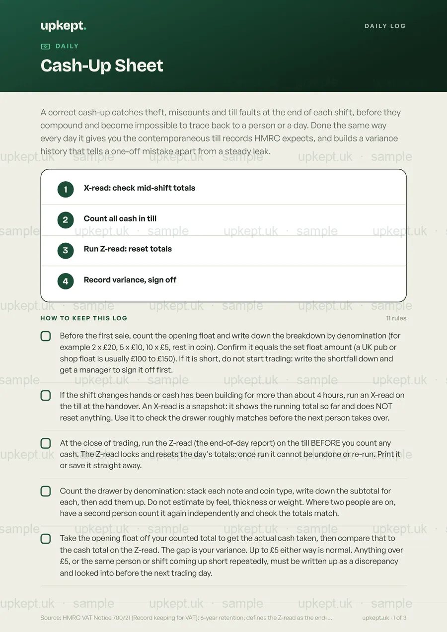Sample page of the Cash-Up Sheet