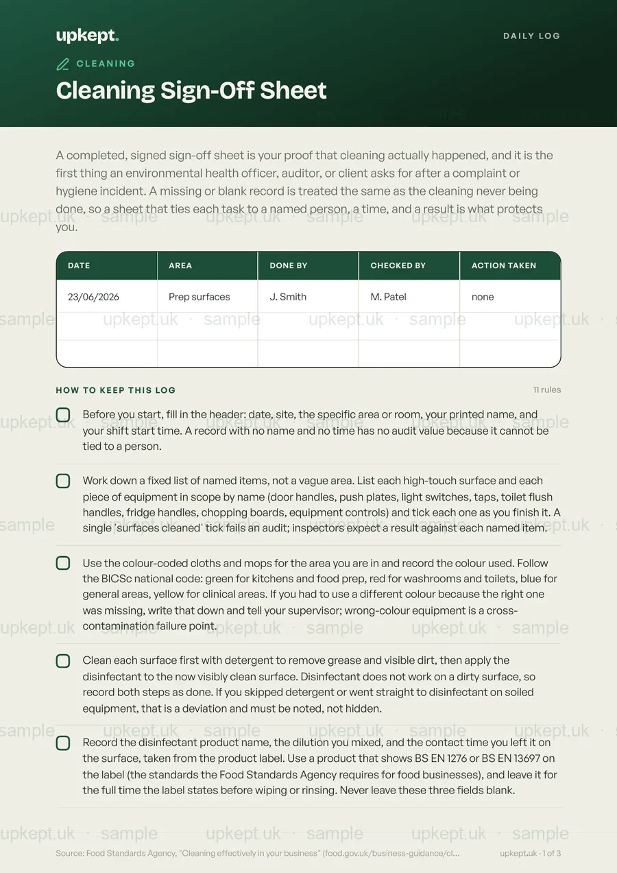 Sample page of the Cleaning Sign-Off Sheet