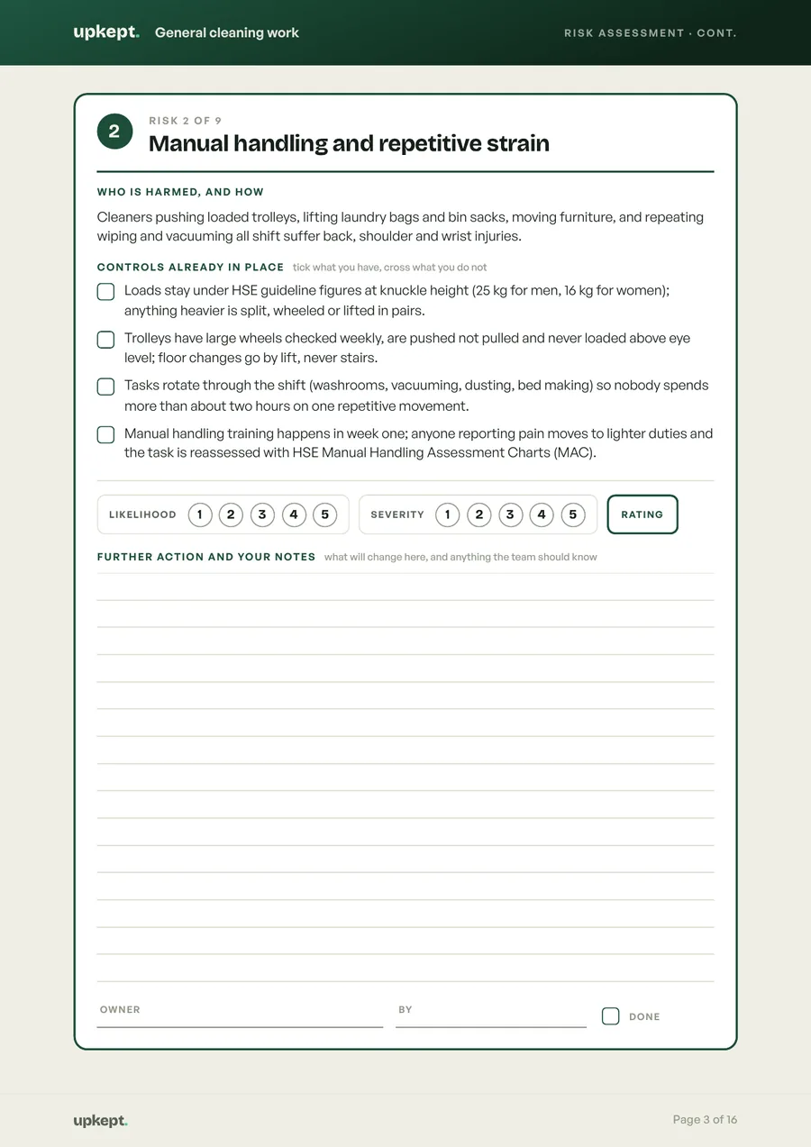 One risk on its own page, from Cleaning team risk assessments