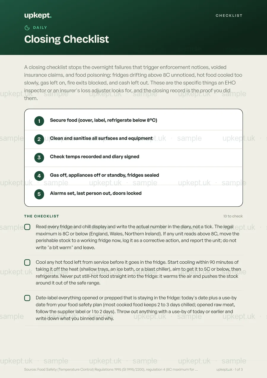 Sample page of the Closing Checklist