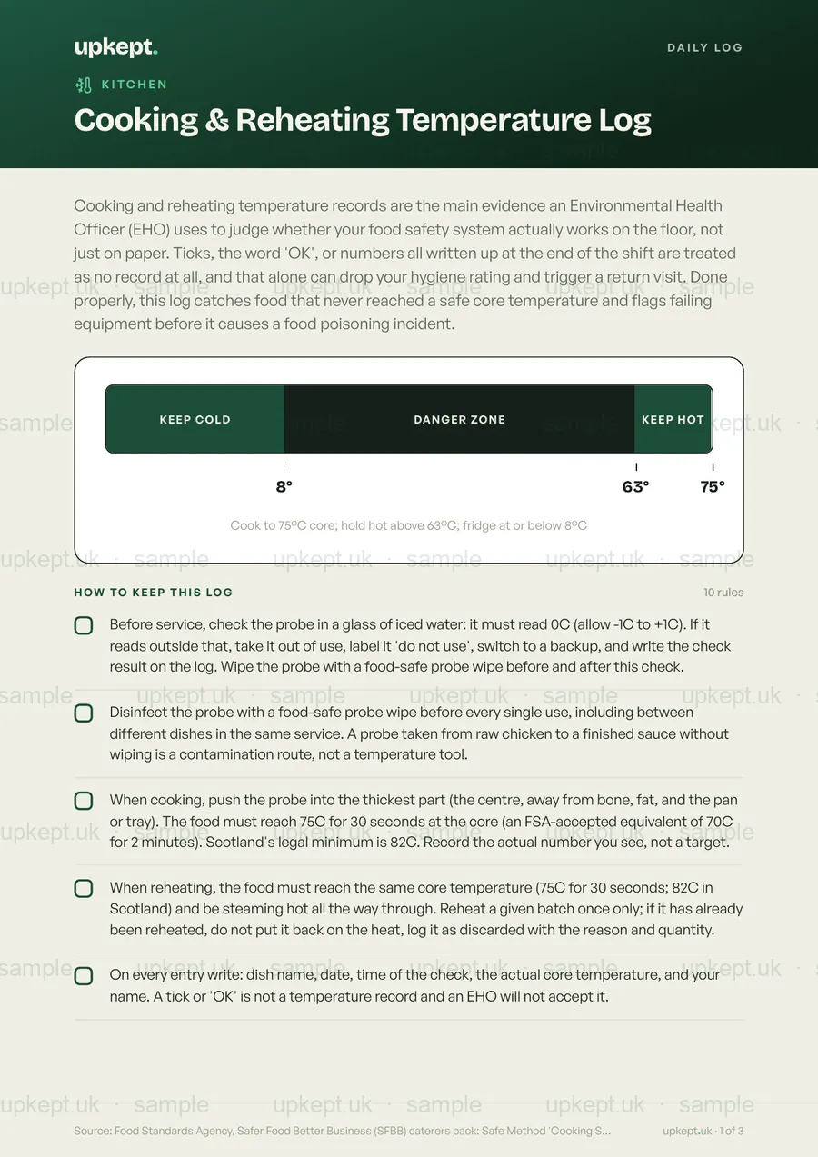 Sample page of the Cooking & Reheating Temperature Log