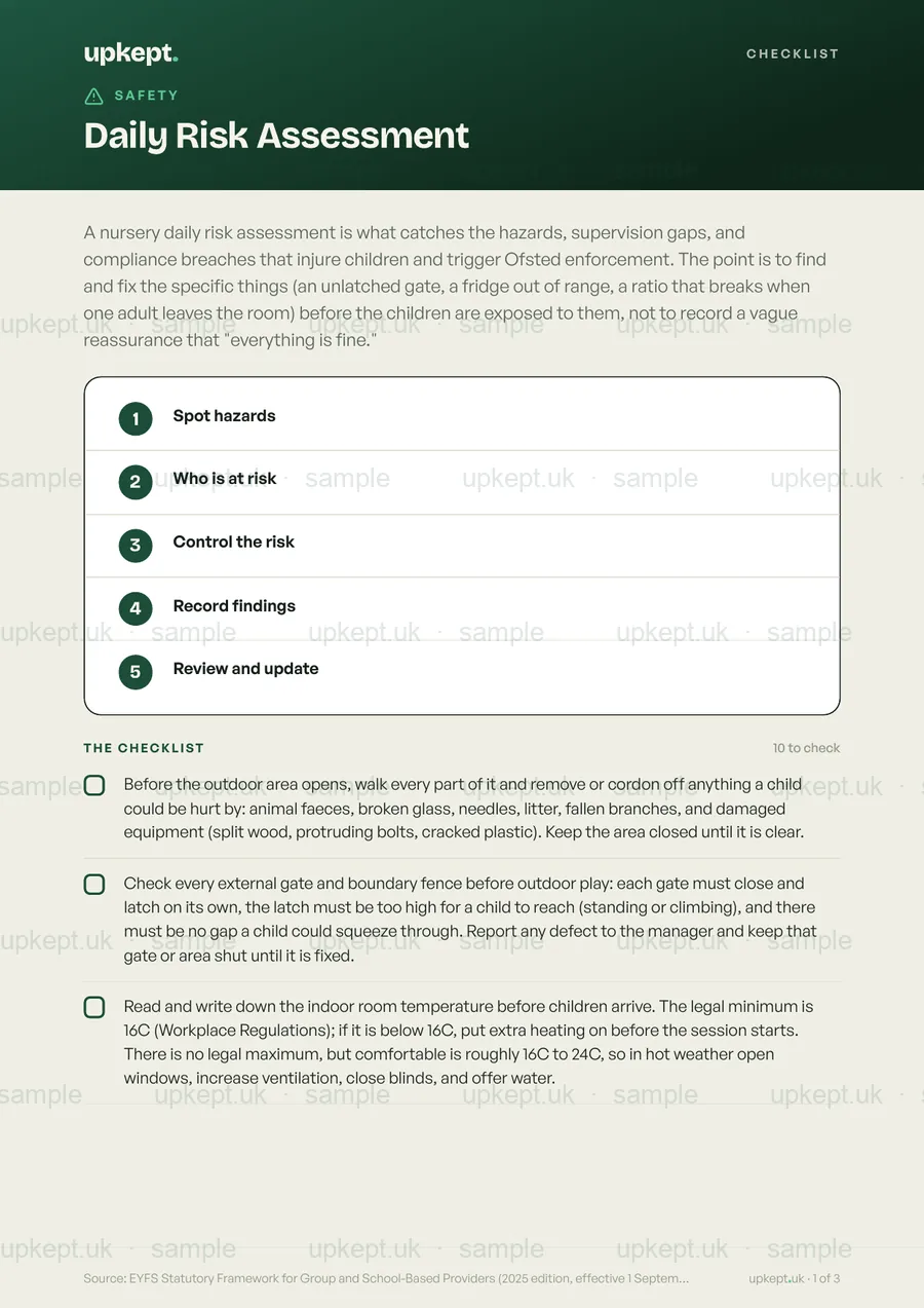 Sample page of the Daily Risk Assessment