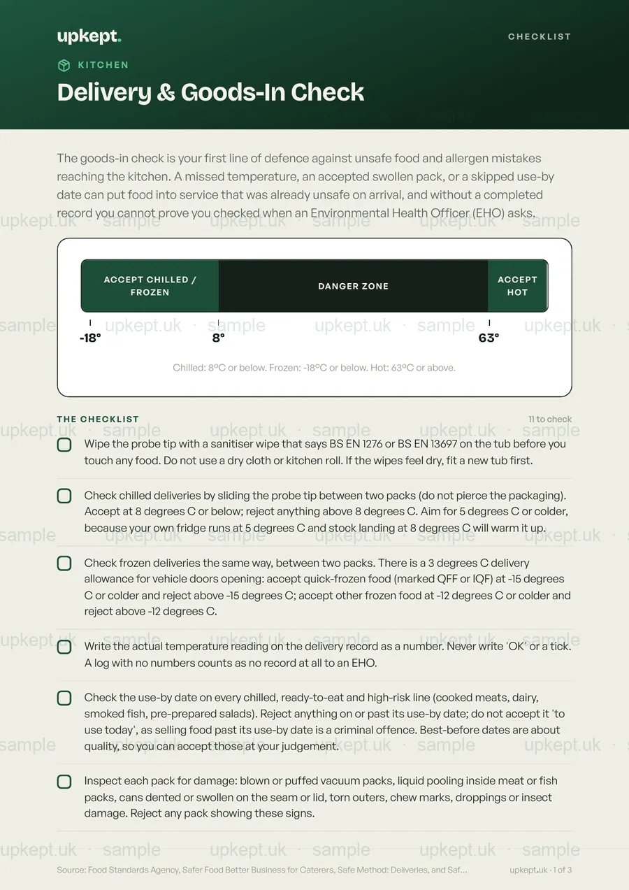 Sample page of the Delivery & Goods-In Check