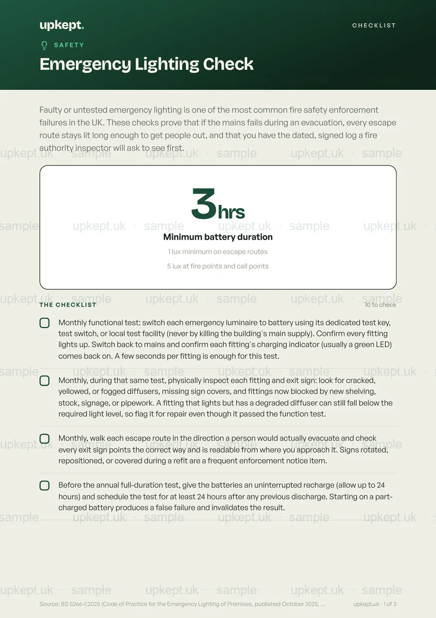 Sample page of the Emergency Lighting Check