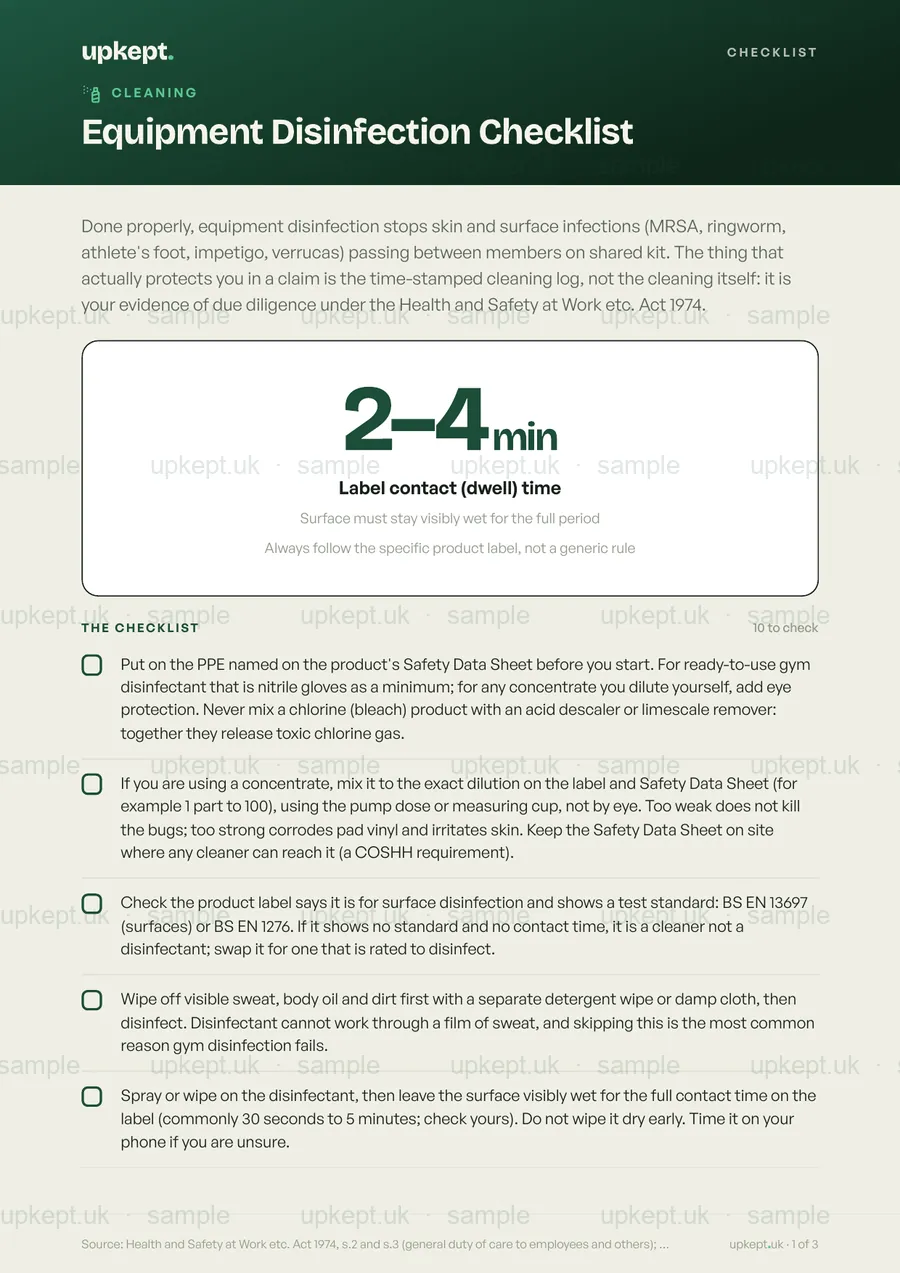 Sample page of the Equipment Disinfection Checklist