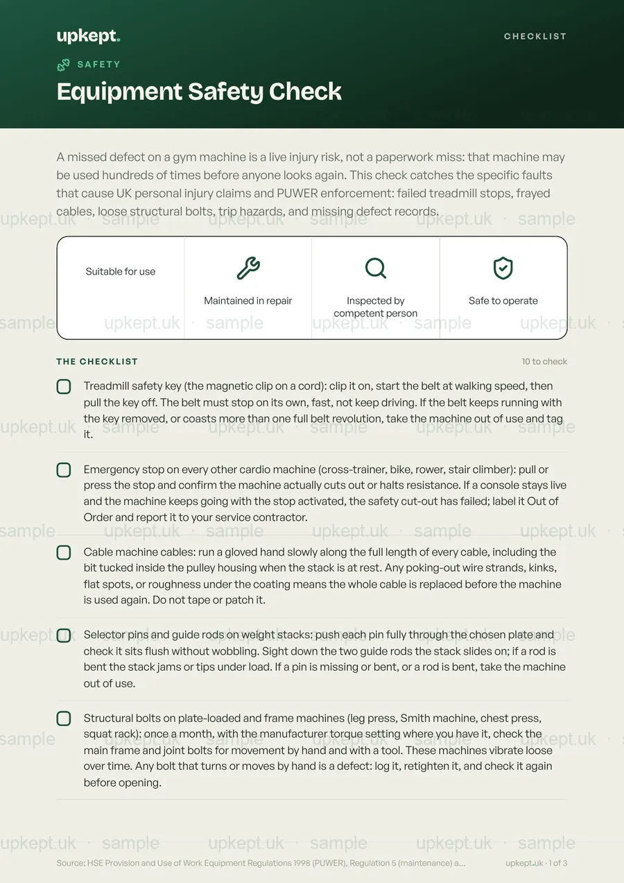 Sample page of the Equipment Safety Check