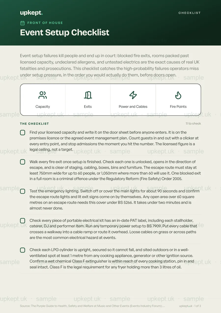 Sample page of the Event Setup Checklist