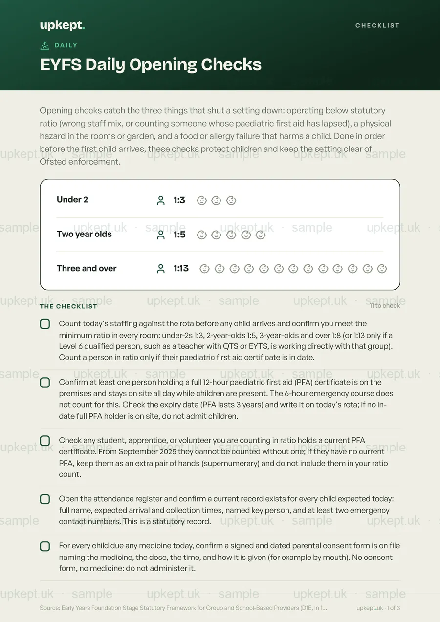 Sample page of the EYFS Daily Opening Checks