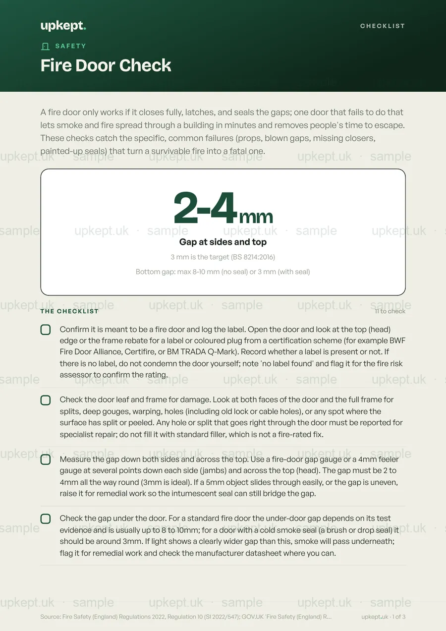 Sample page of the Fire Door Check
