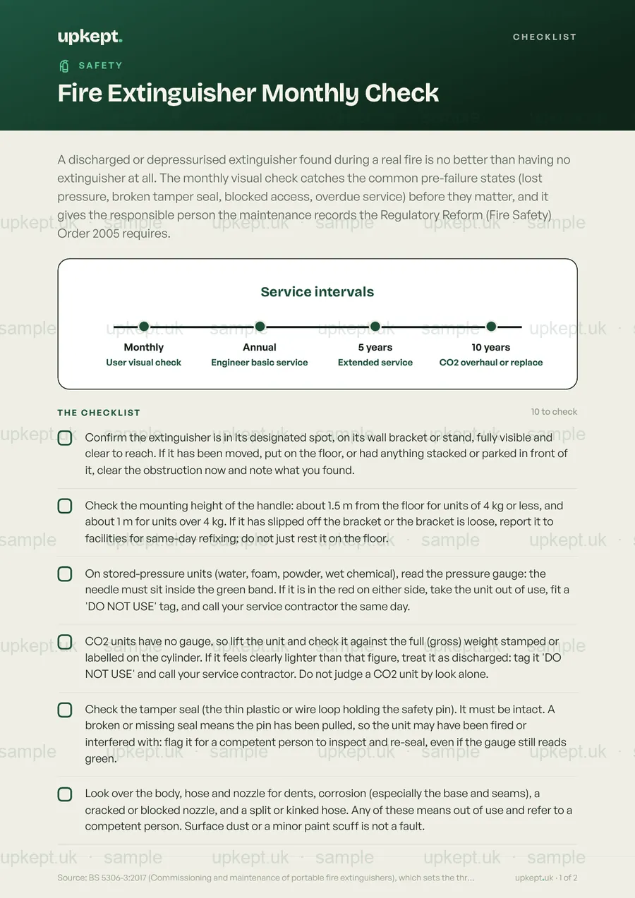 Sample page of the Fire Extinguisher Monthly Check