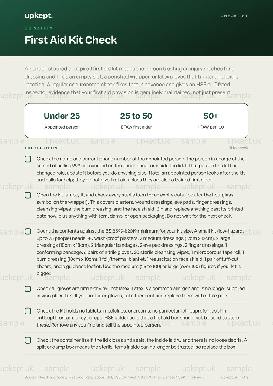 Sample page of the First Aid Kit Check