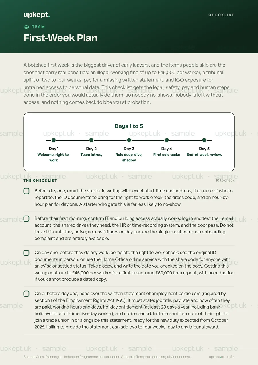 Sample page of the First-Week Plan