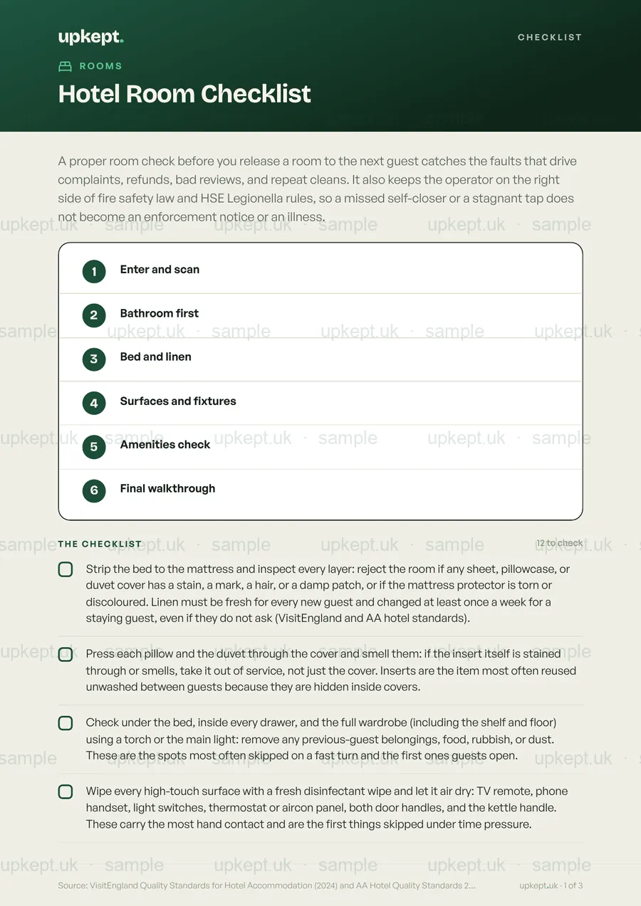 Sample page of the Hotel Room Checklist