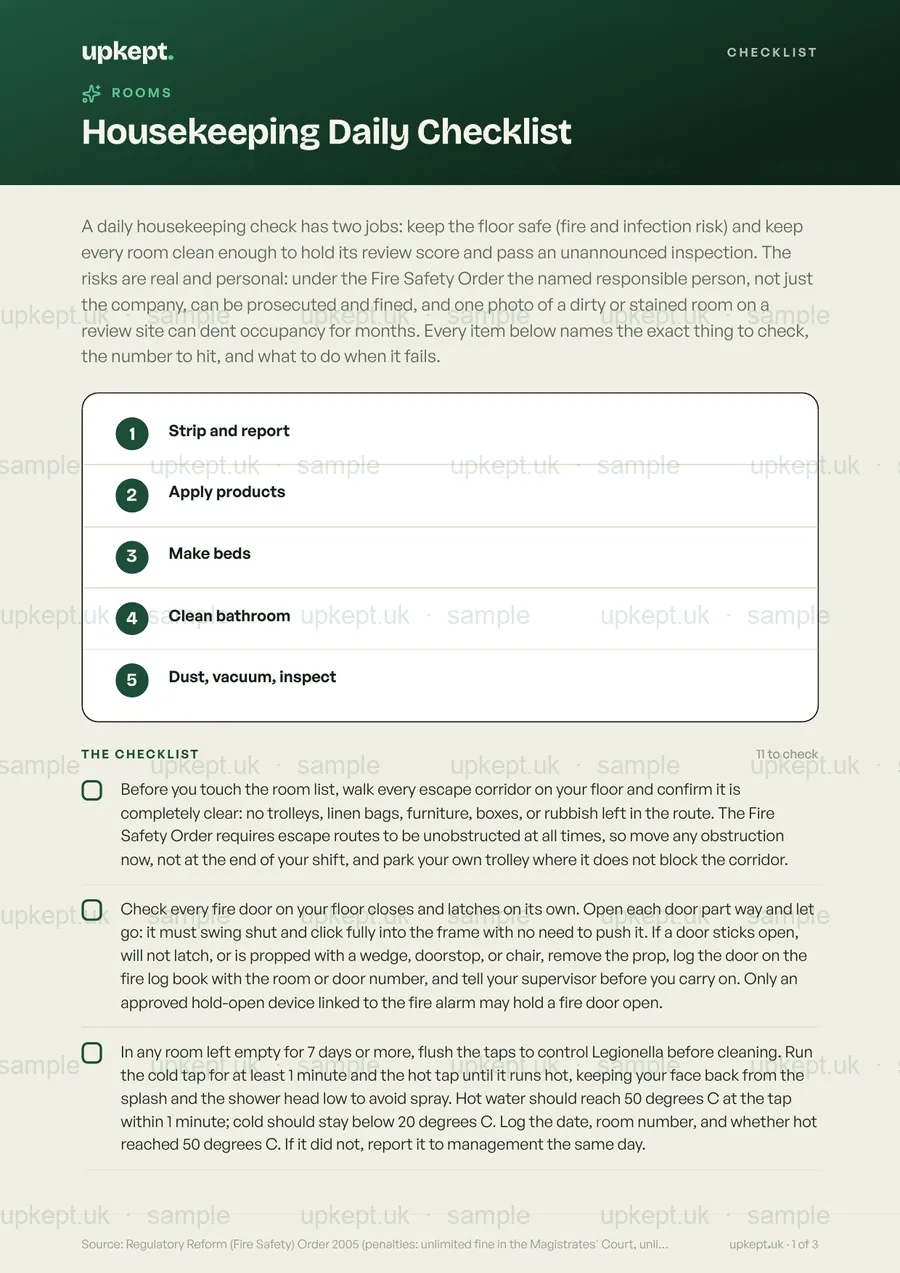 Sample page of the Housekeeping Daily Checklist