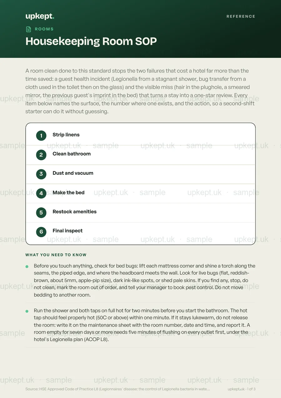 Sample page of the Housekeeping Room SOP