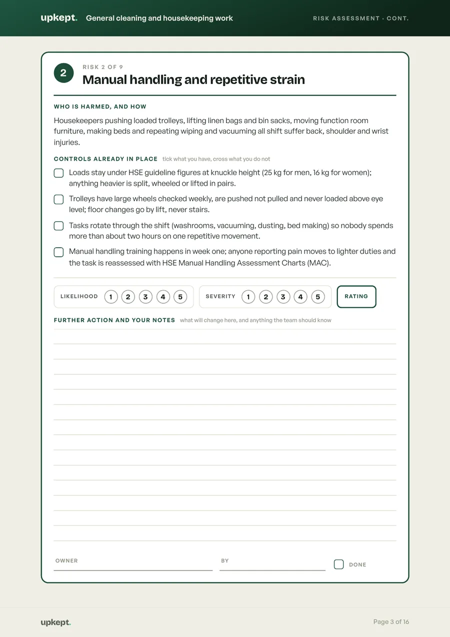 One risk on its own page, from Housekeeping team risk assessments