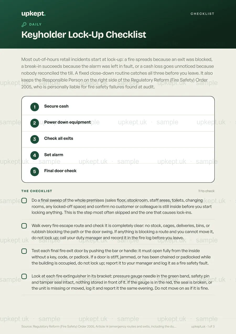 Sample page of the Keyholder Lock-Up Checklist