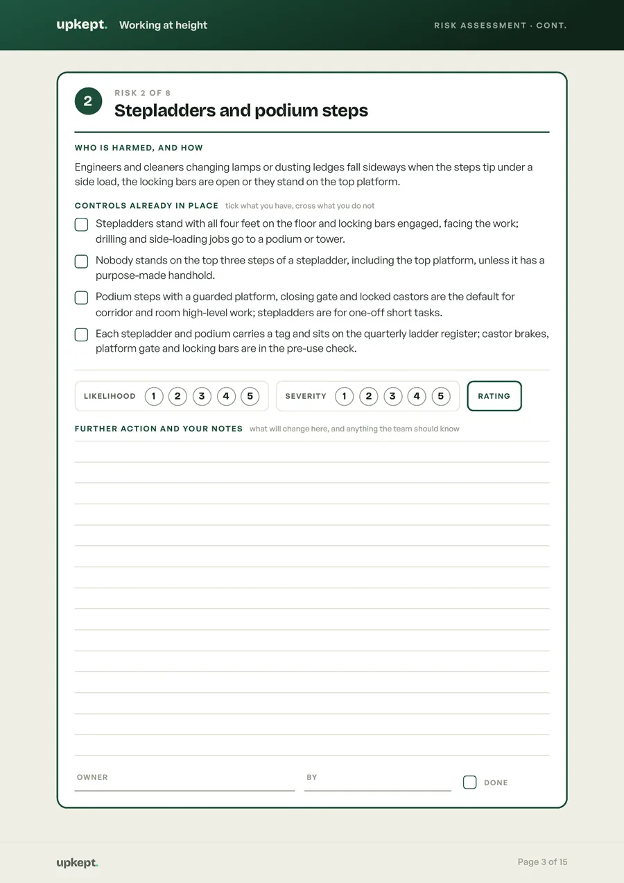 One risk on its own page, from Maintenance and building services risk assessments
