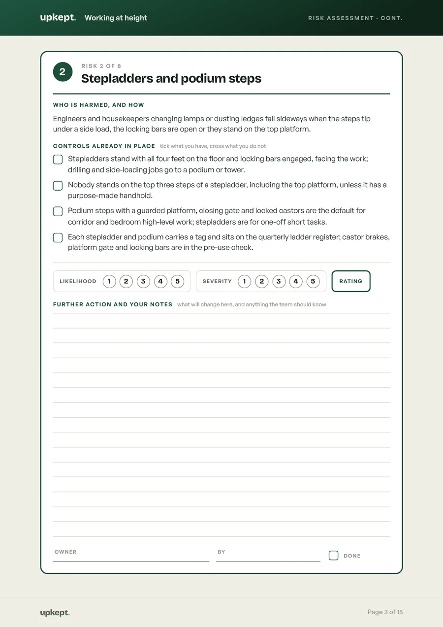 One risk on its own page, from Maintenance team risk assessments