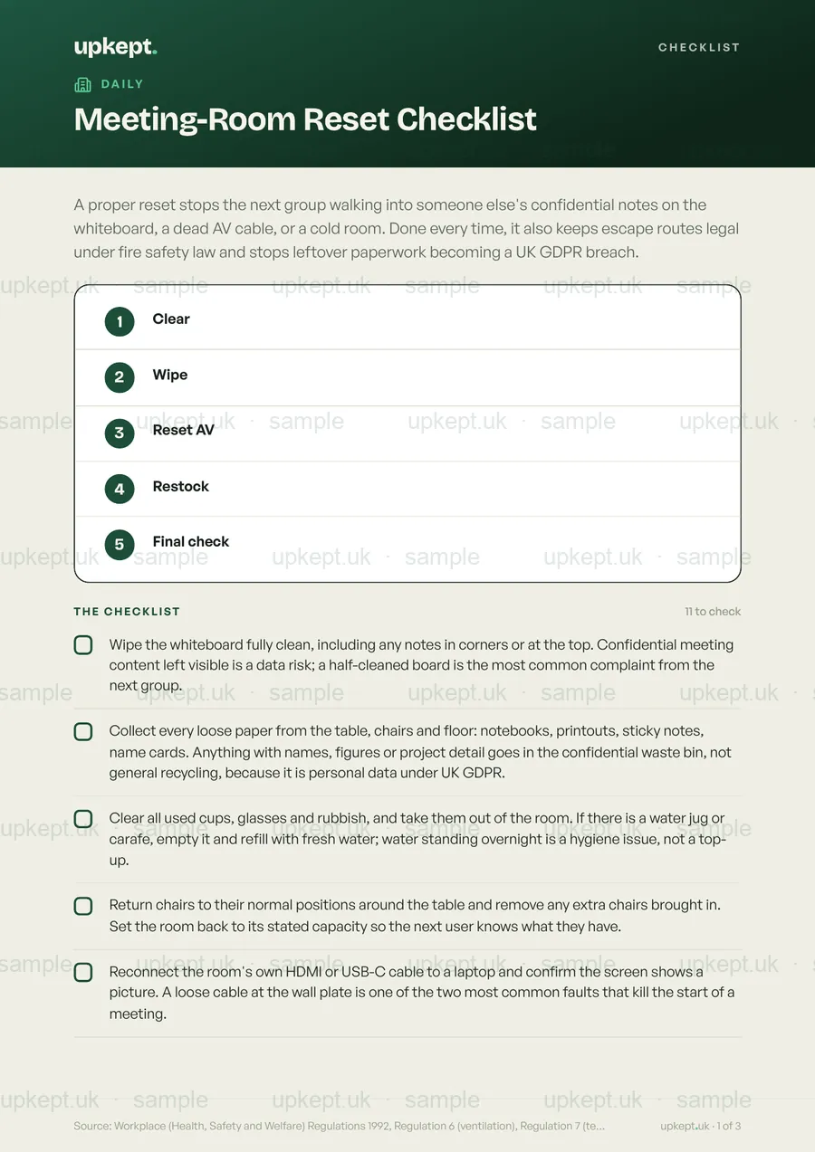 Sample page of the Meeting-Room Reset Checklist