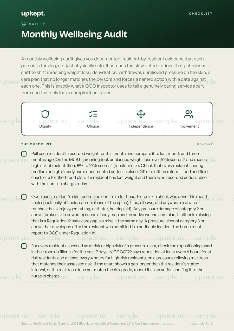 Sample page of the Monthly Wellbeing Audit