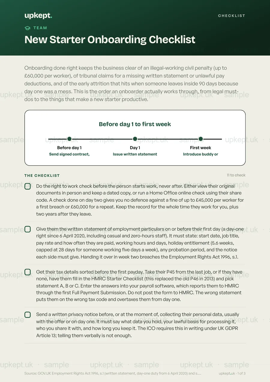 Sample page of the New Starter Onboarding Checklist