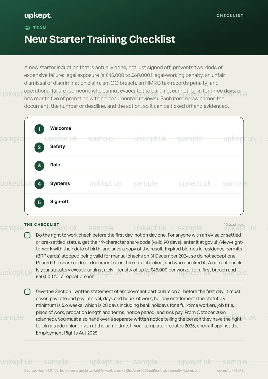 Sample page of the New Starter Training Checklist