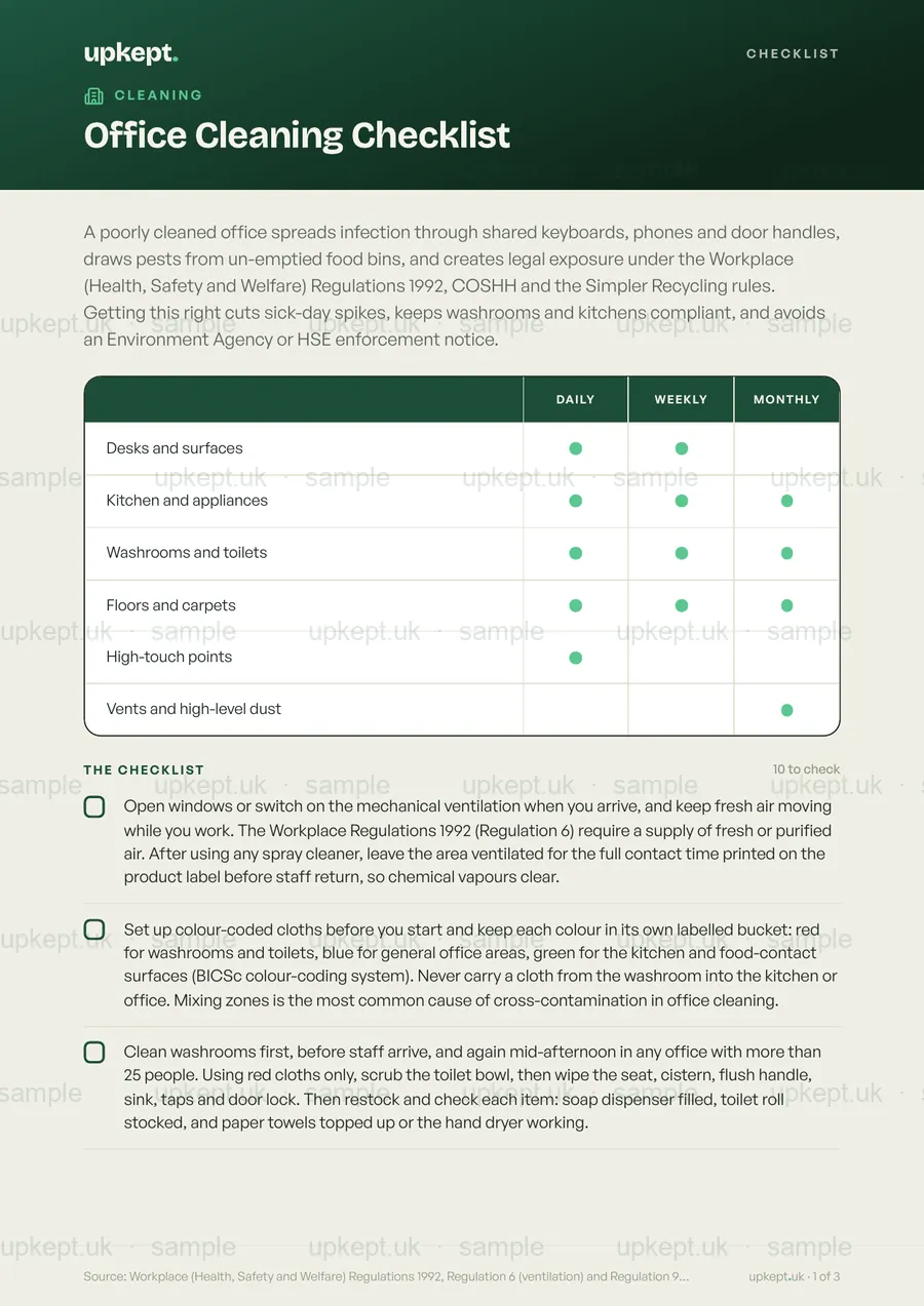 Sample page of the Office Cleaning Checklist