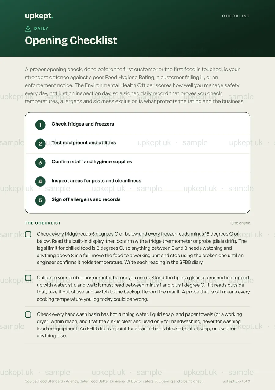 Sample page of the Opening Checklist