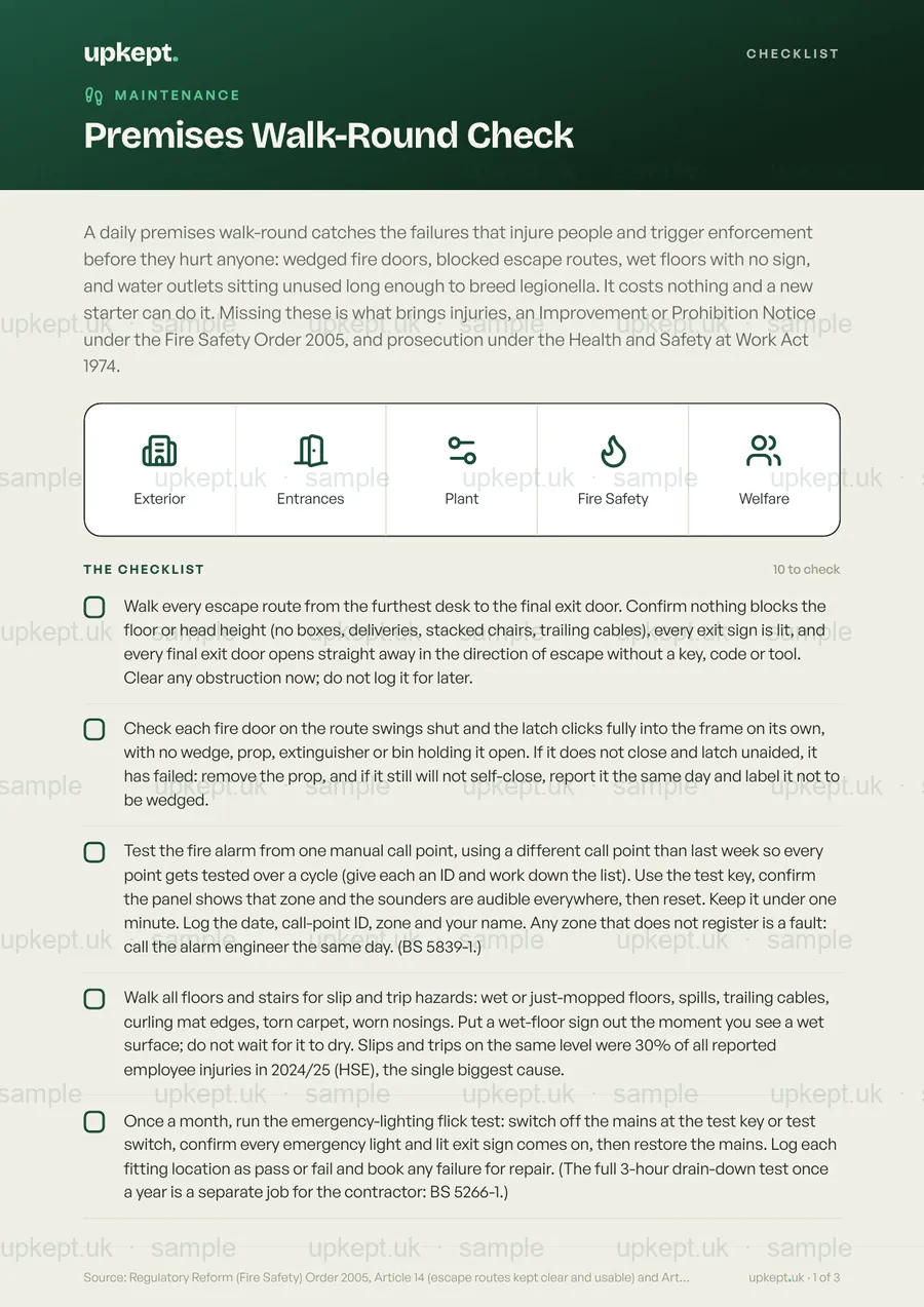 Sample page of the Premises Walk-Round Check