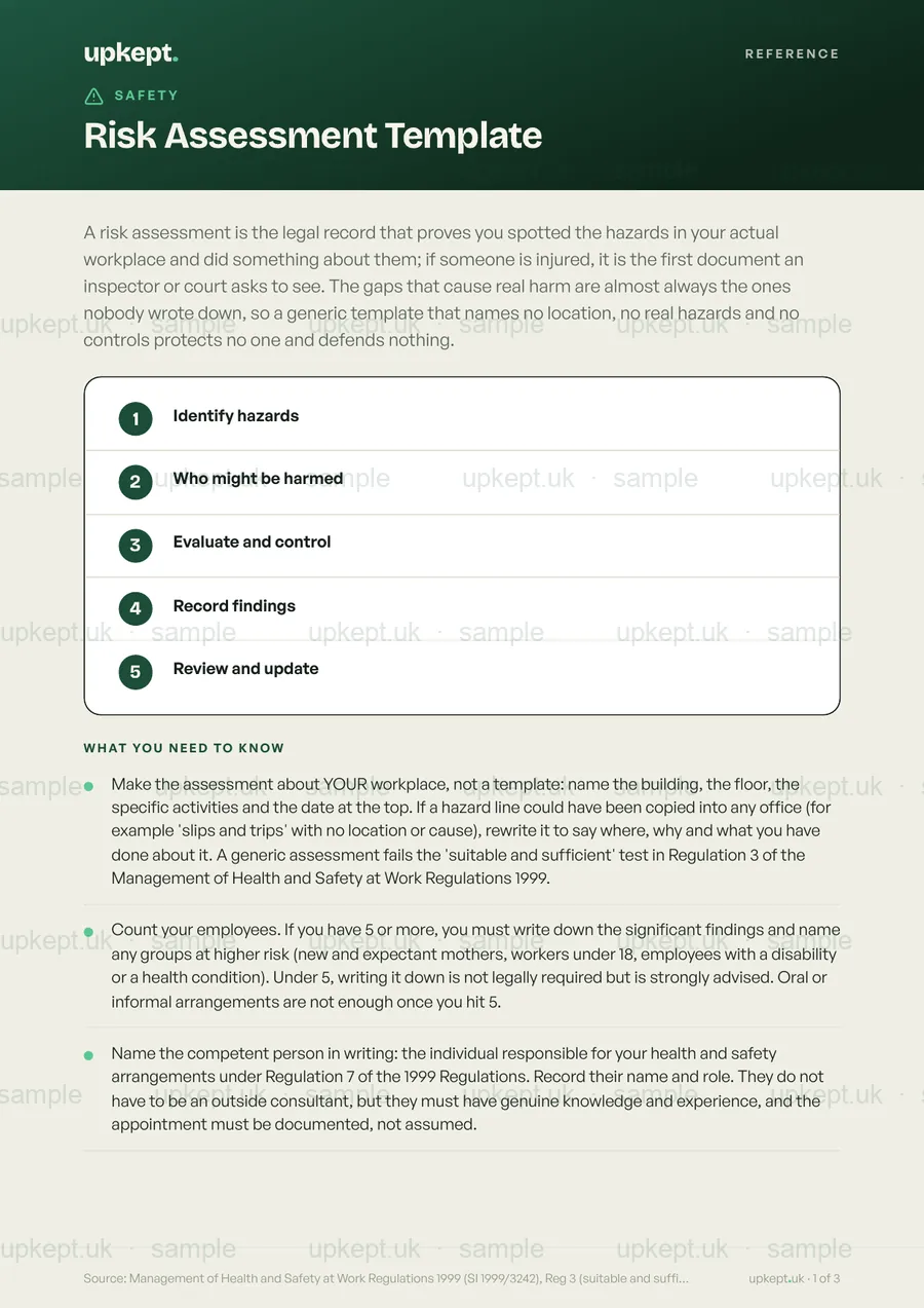Sample page of the Risk Assessment Template