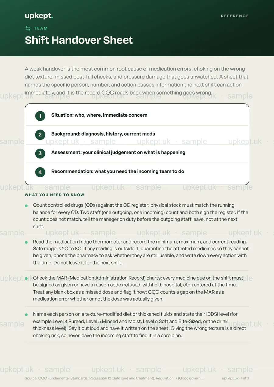 Sample page of the Shift Handover Sheet