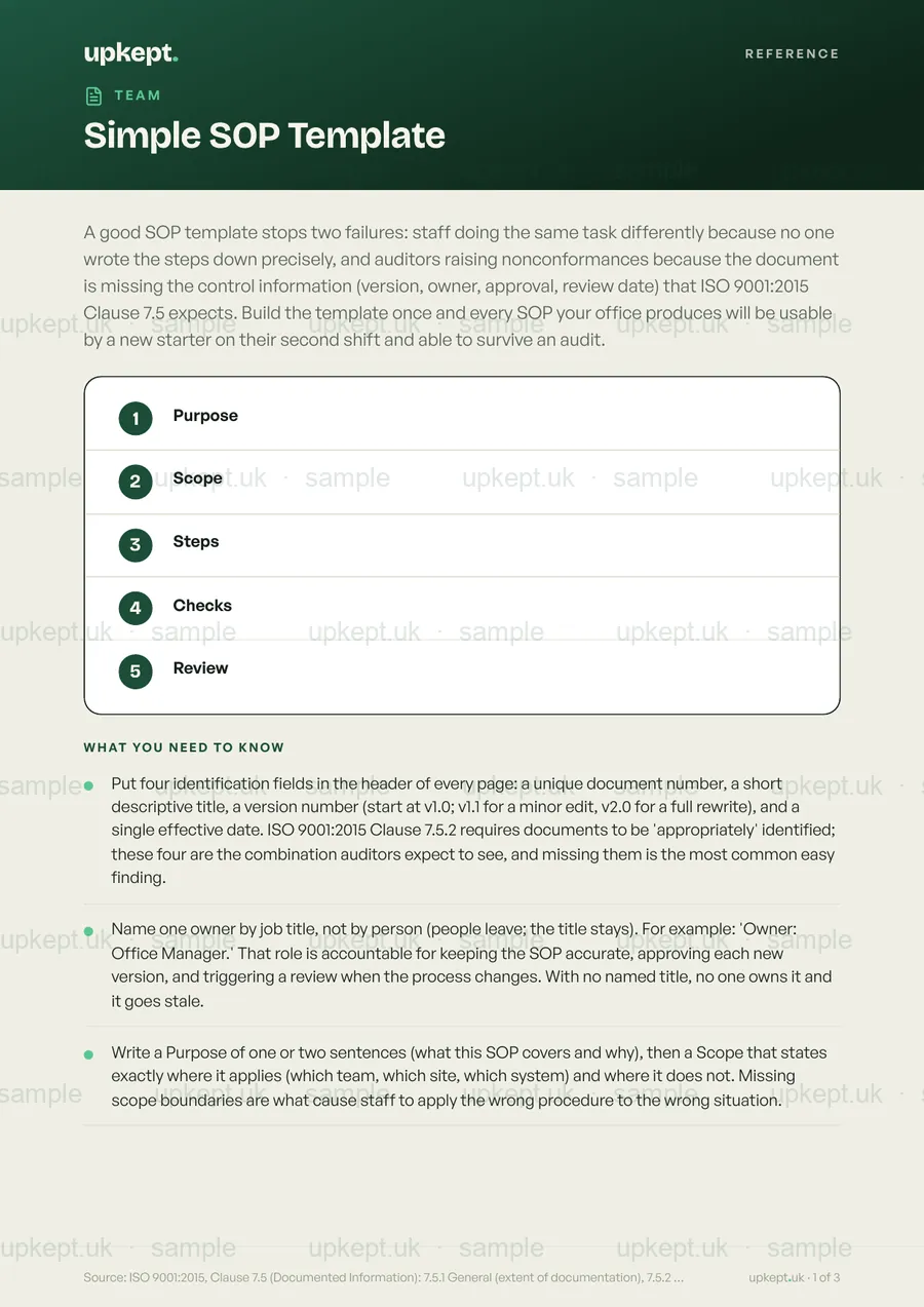 Sample page of the Simple SOP Template