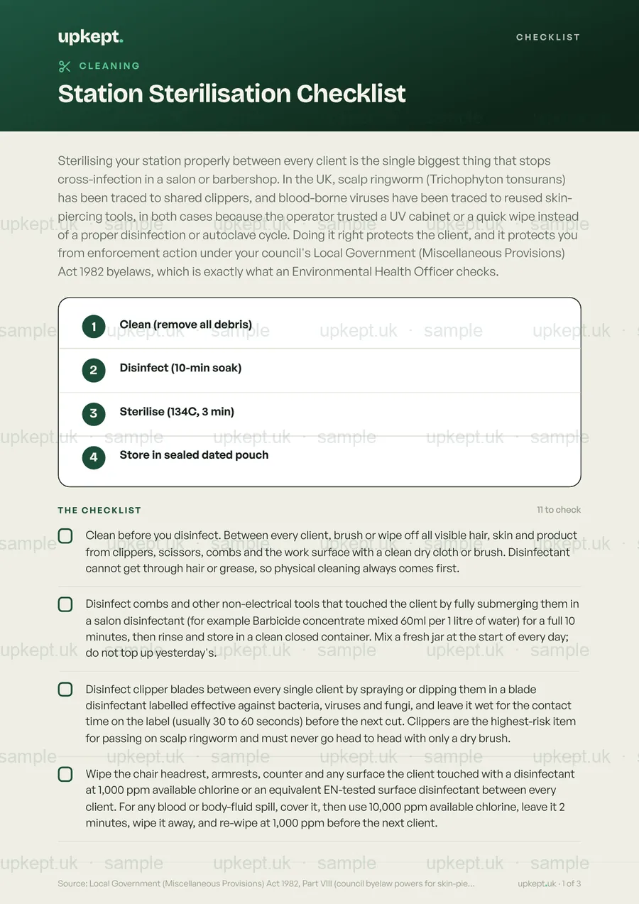 Sample page of the Station Sterilisation Checklist