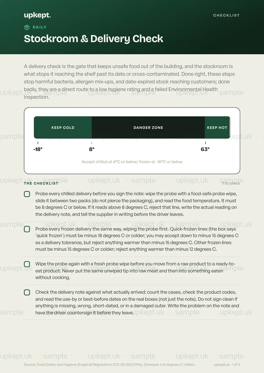Sample page of the Stockroom & Delivery Check