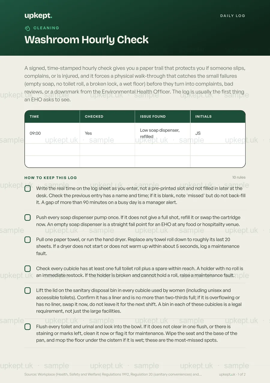 Sample page of the Washroom Hourly Check