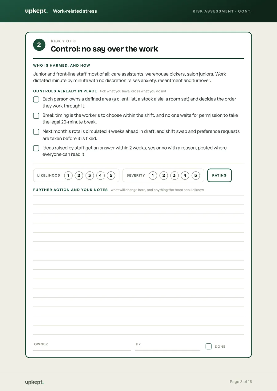 One risk on its own page, from Core workplace risk assessments